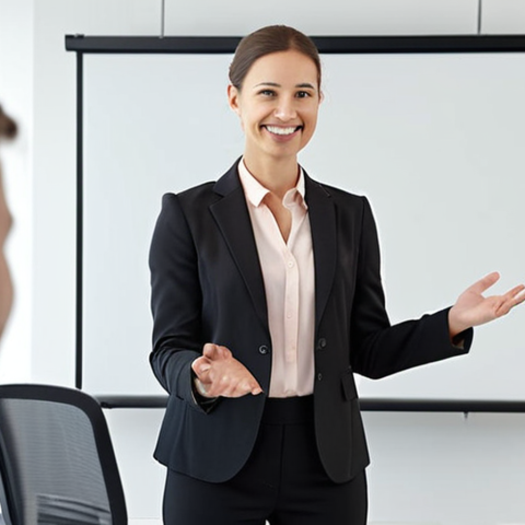 **

Prompt: *Confident individual giving a presentation. Focus on strong, positive body language (upright posture, friendly smile). Background: a modern office or conference setting.*

**