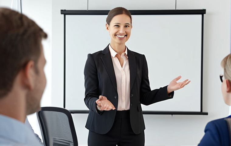 **

Prompt: *Confident individual giving a presentation. Focus on strong, positive body language (upright posture, friendly smile). Background: a modern office or conference setting.*

**