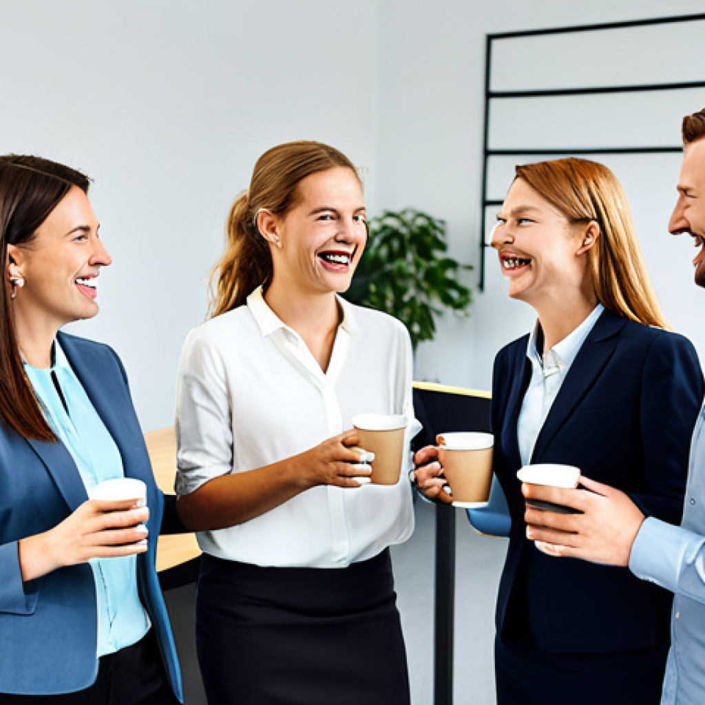 비공식적인 네트워크의 중요성 - **Prompt:** A group of colleagues having coffee together in a modern German office break room, fully...