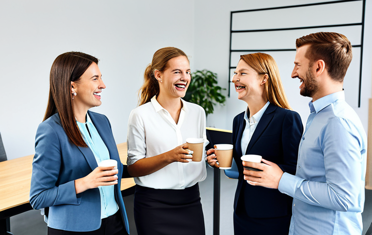 비공식적인 네트워크의 중요성 - **Prompt:** A group of colleagues having coffee together in a modern German office break room, fully...