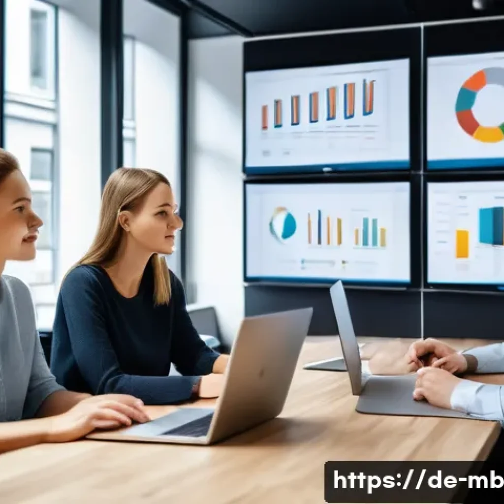 온라인 평판을 위한 광고 캠페인 기획 - A professional digital marketing team in a modern Berlin office, diverse group of men and women anal...