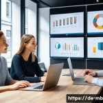 온라인 평판을 위한 광고 캠페인 기획 - A professional digital marketing team in a modern Berlin office, diverse group of men and women anal...