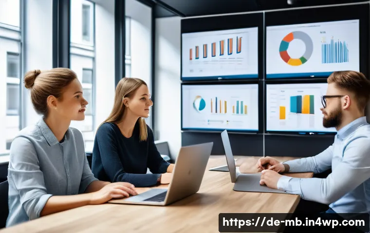 온라인 평판을 위한 광고 캠페인 기획 - A professional digital marketing team in a modern Berlin office, diverse group of men and women anal...