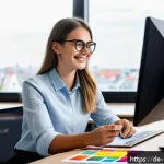 SNS 콘텐츠 일정 관리 방법 - A modern German home office scene featuring a young professional woman sitting at a desk with dual m...