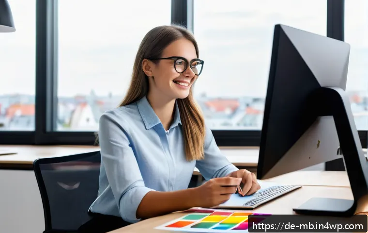 SNS 콘텐츠 일정 관리 방법 - A modern German home office scene featuring a young professional woman sitting at a desk with dual m...