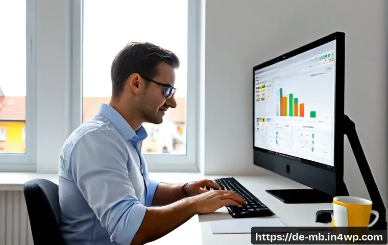 자체 웹사이트를 통한 신뢰성 증대 - Photorealistic German small-business owner in a bright, orderly modern office, confidently reviewing...